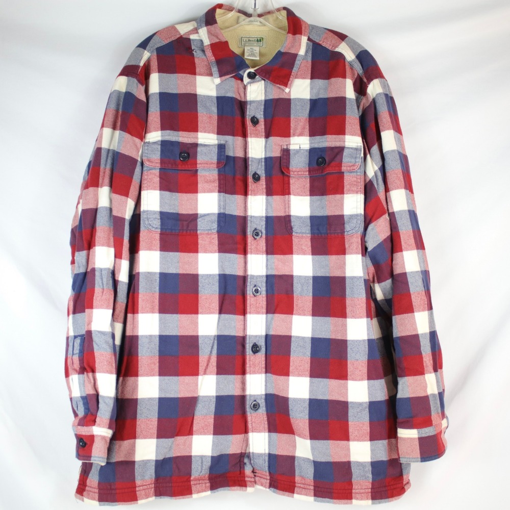 L.L. Bean Red White Blue Plaid Sherpa Lined Flannel Jacket Men's Size L-Reg